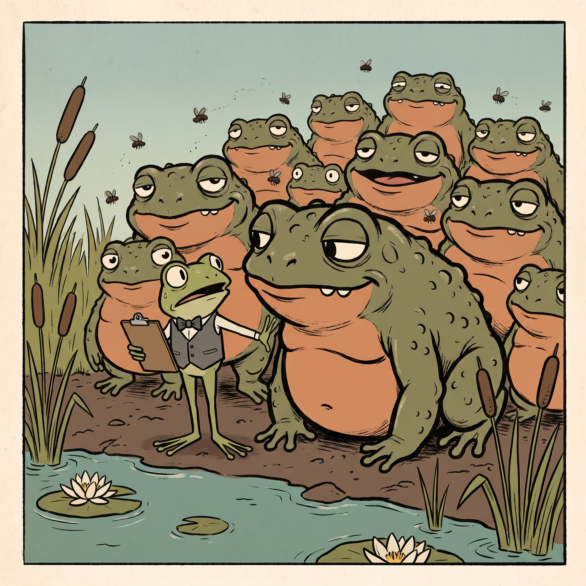 A prim frog bouncer tries to stop a crowd of confident toads entering the pond