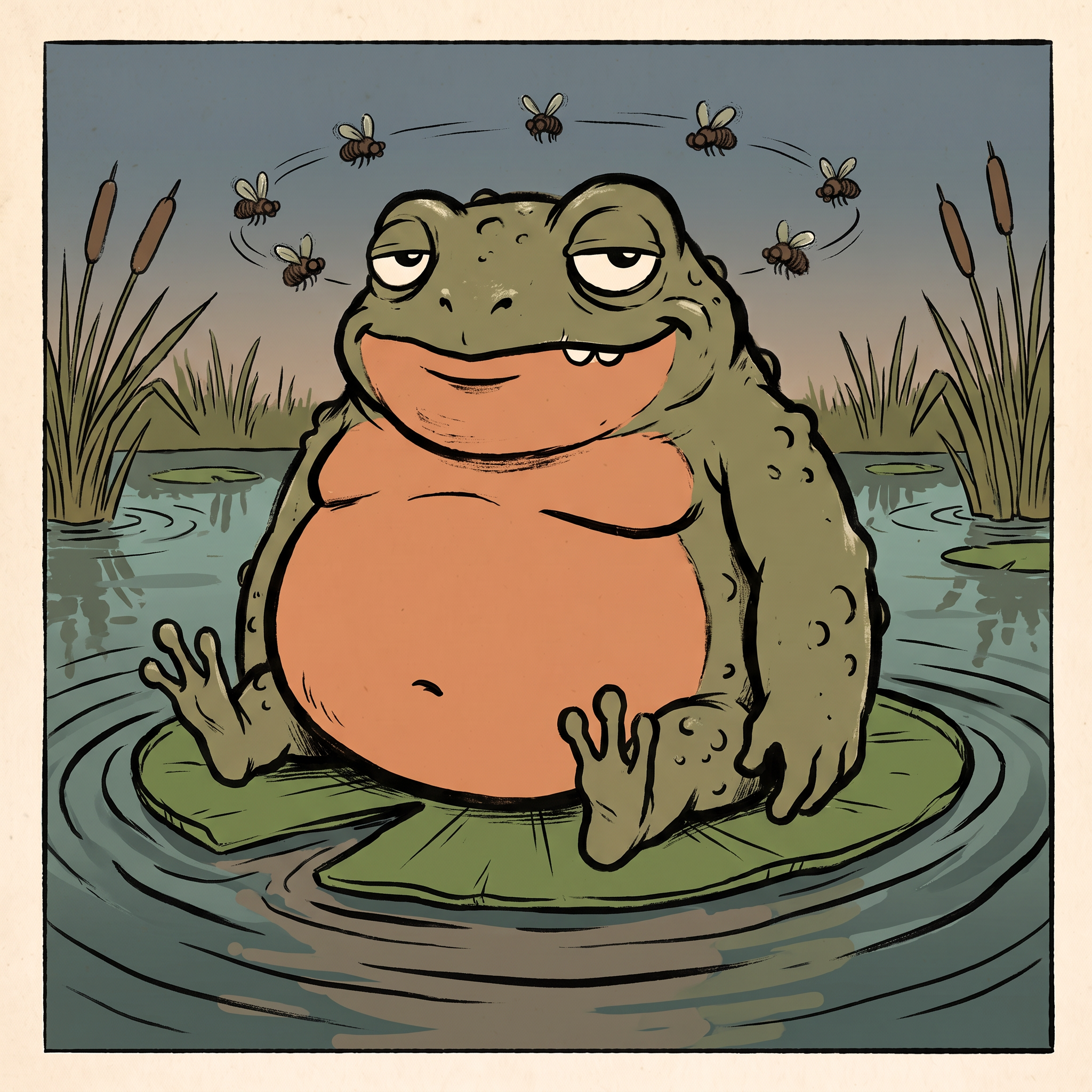 The Bloated One, impossibly round, beached on a sinking lily pad, flies orbiting his head